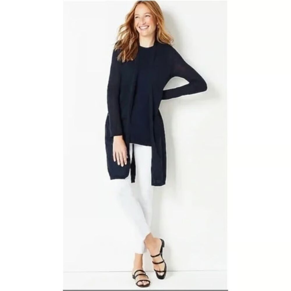 J. Jill womens navy linen‎ blend open longline cardigan sweater Size L beach